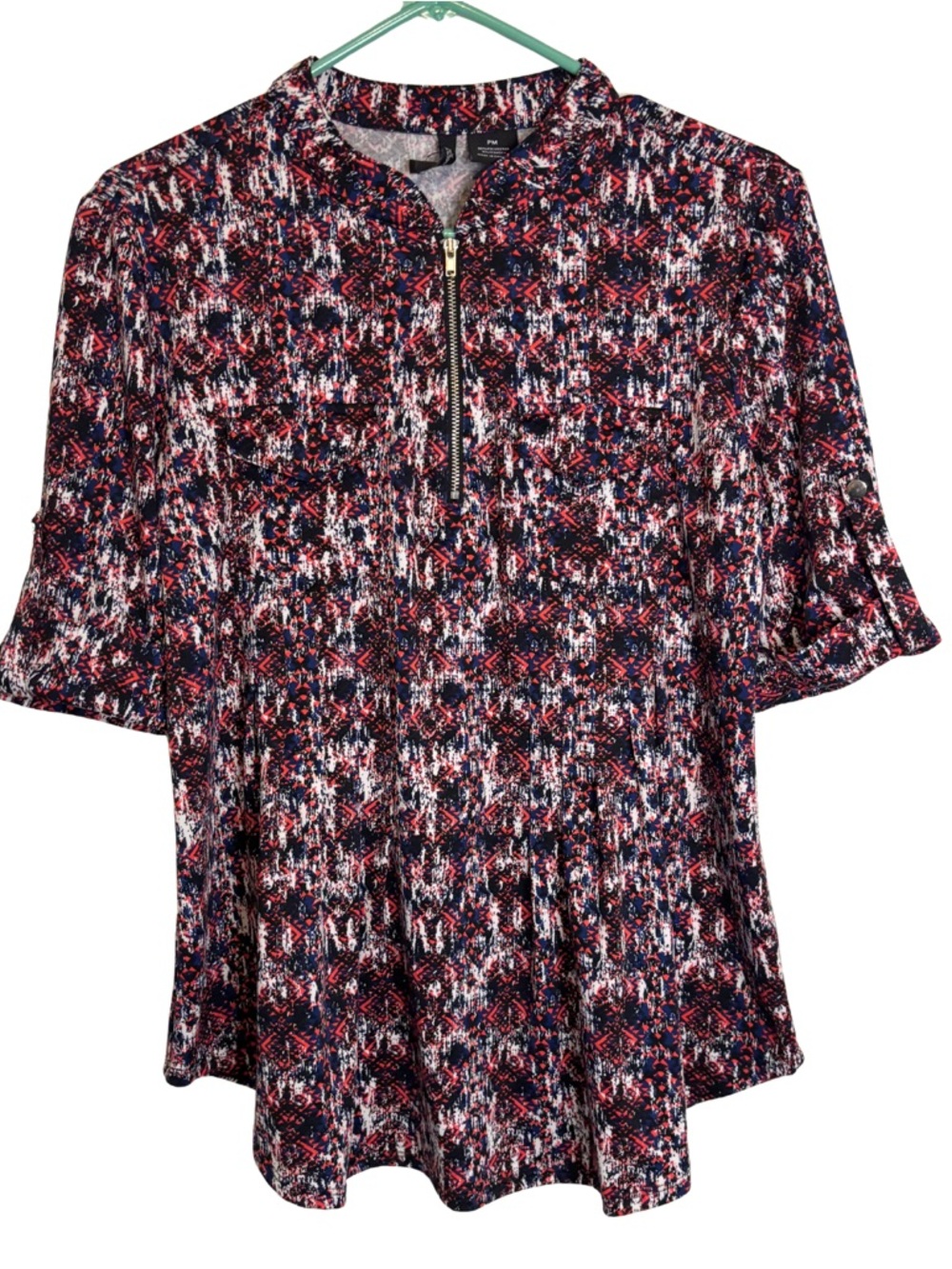3/$20 New Directions Abstract 1/4 Zip Elbow Sleeve Blouse